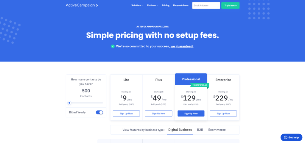 The pricing options & plans of ActiveCampaign