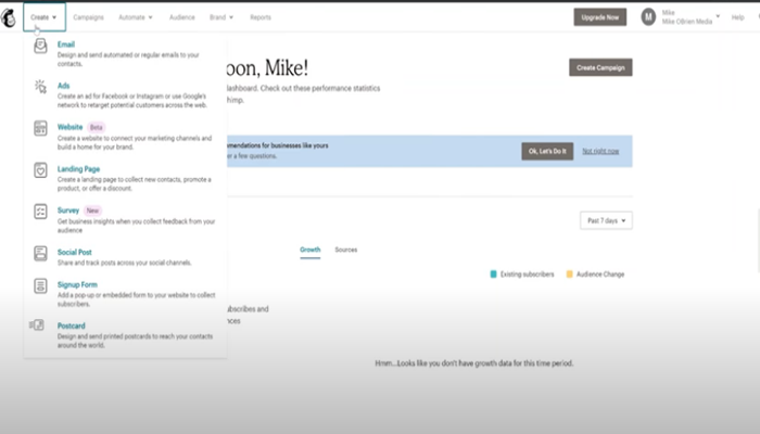 The dashboard of Mailchimp