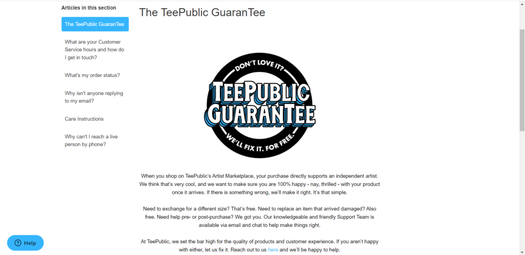 TeePublic Guarantee page